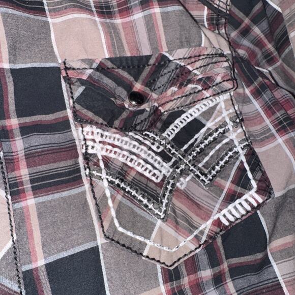 Buckle Black And Red Plaid Mens M Long Sleeve Black Pearl Snap Western Shirt - Picture 2 of 5